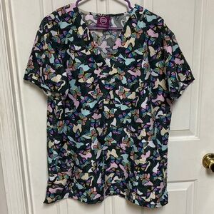 Colorful Butterfly Print Women's scrub Top